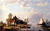 Hermanus Koekkoek Snr Famous Paintings - A River Landscape With A Ferry And Figures Mending A Boat